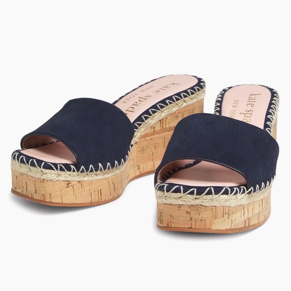 Kate Spade Cosette Platform Cork Slides Navy Blue Suede Mules New York Wedges